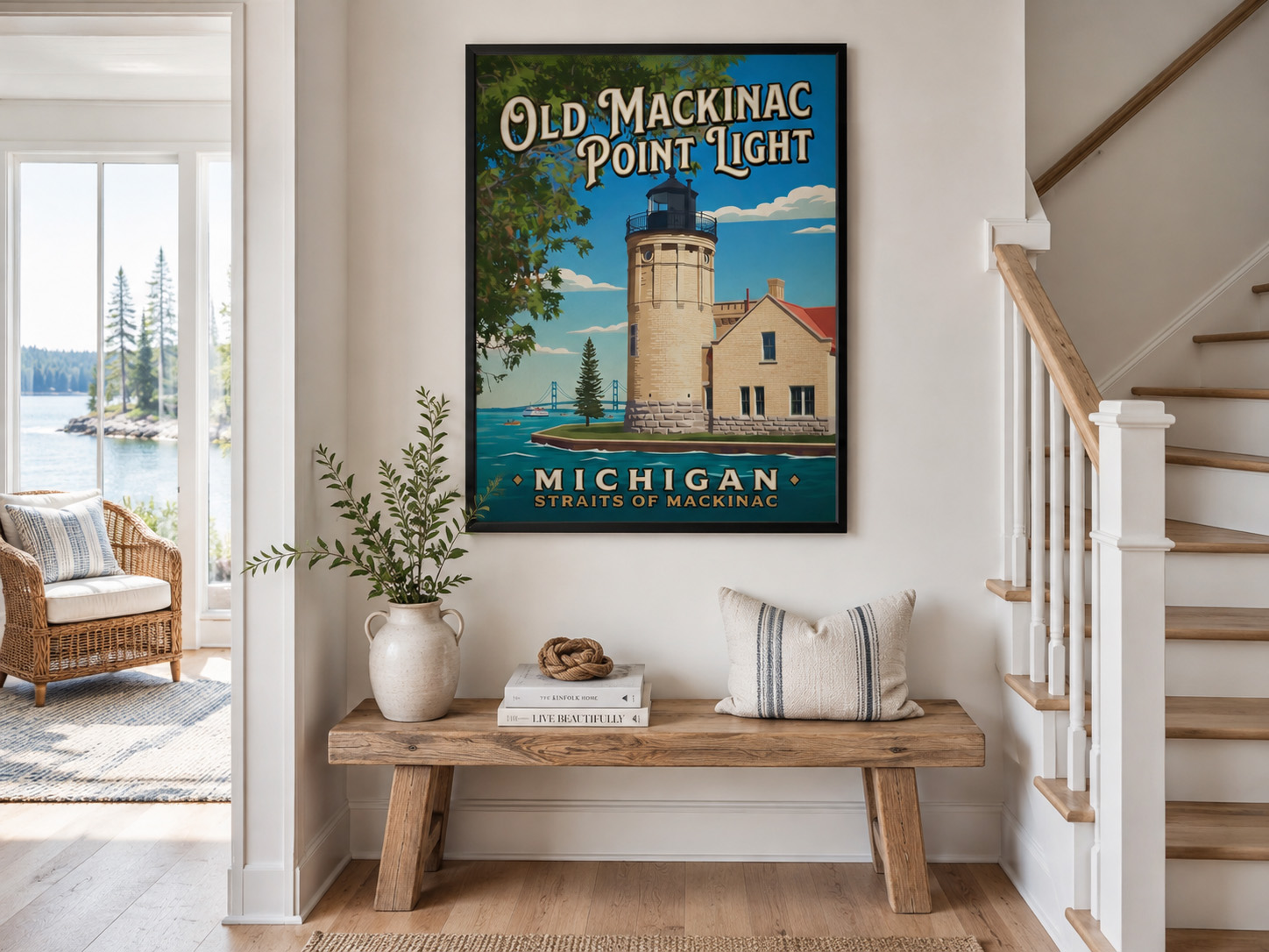 Old Mackinac Point Lighthouse Michigan vintage travel poster in a bright coastal entryway